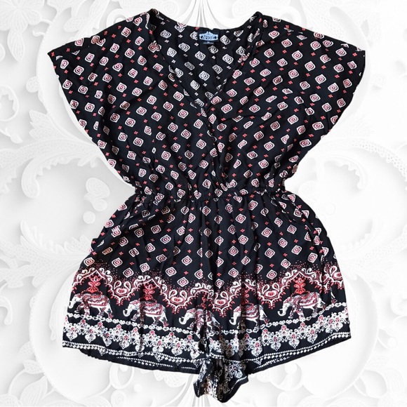 Angie Pants - ANGIE Short Sleeve Black/Red/White Romper - It's An Elephant Romper